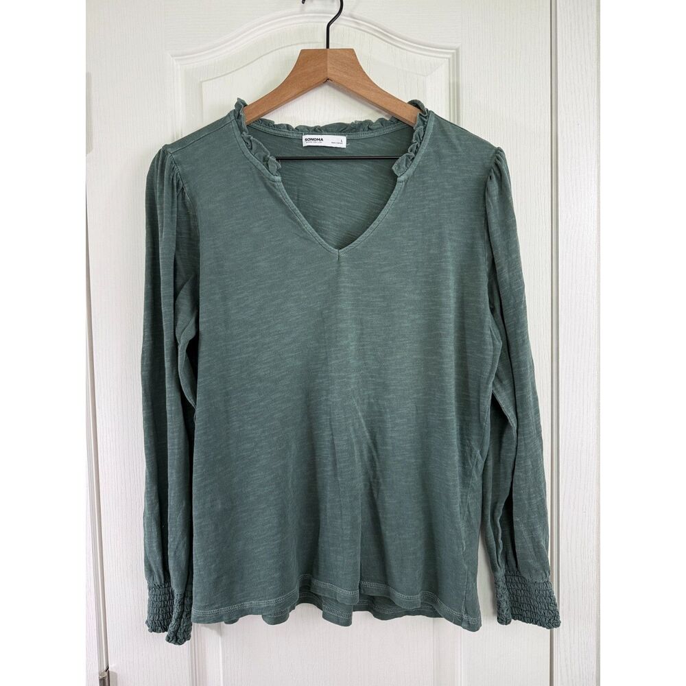 Sonoma Goods For Life Womens L Green Ruffle Neck Long Sleeve Cotton Top Blouse